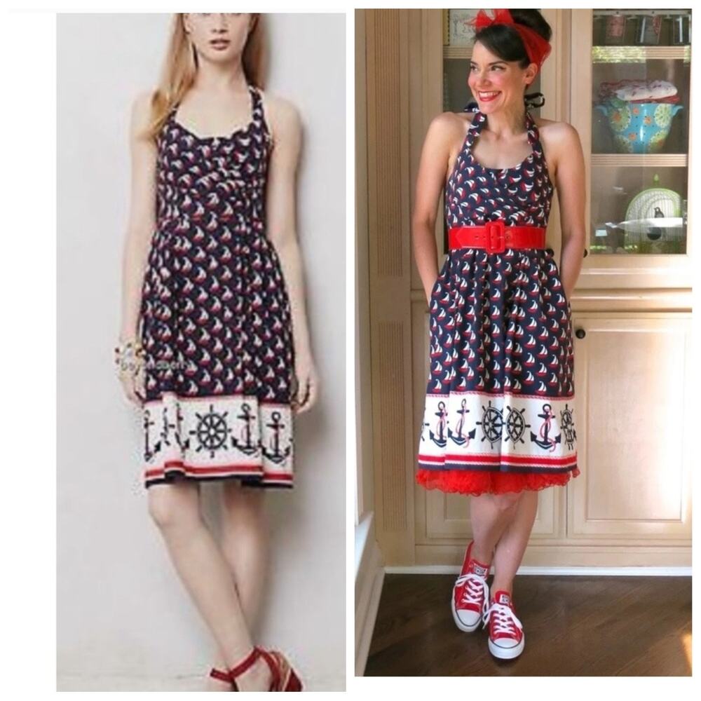 Ahoy sailor! Nautical sailboat Anthropologie Halter Flare Sundress Pin Up Size 4